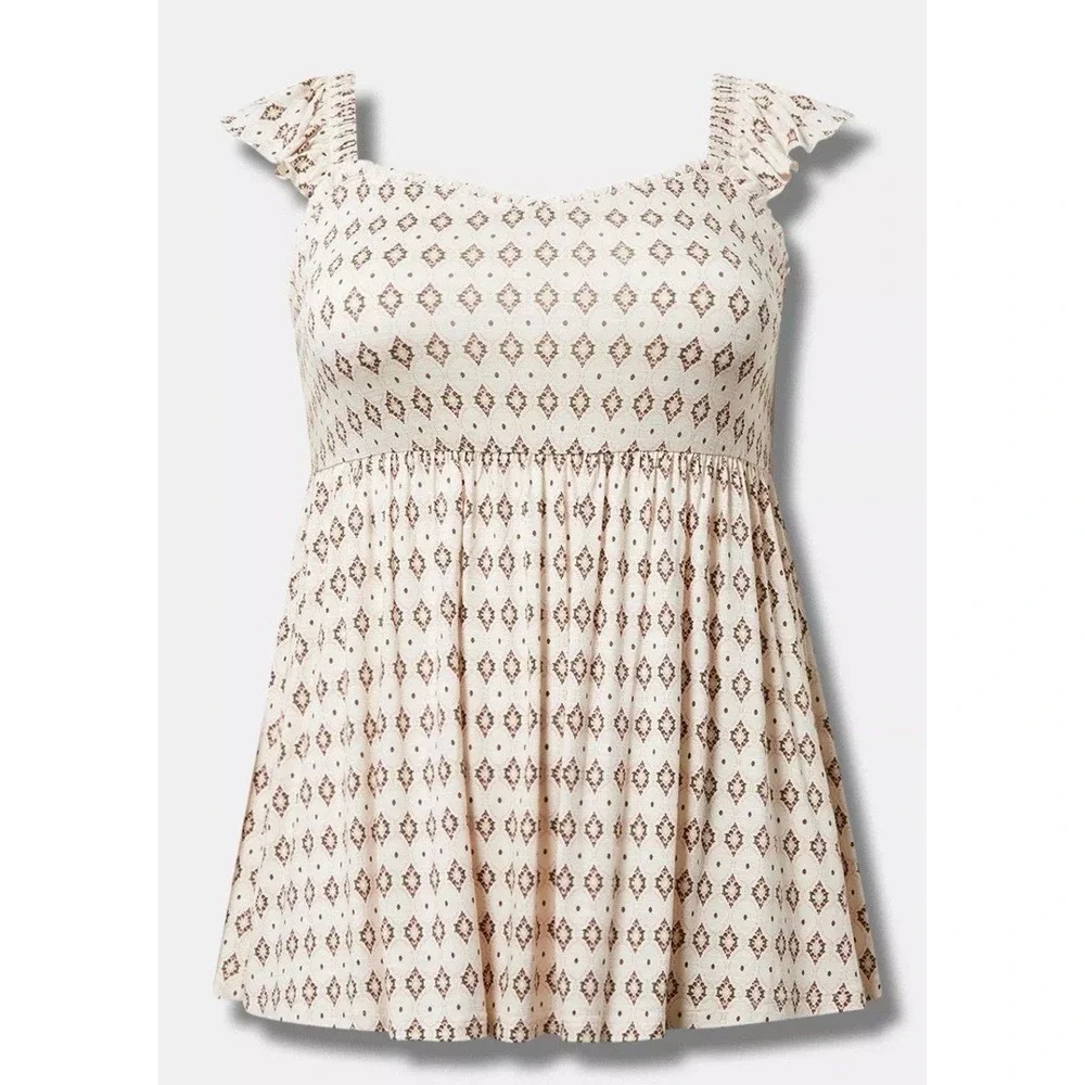 Torrid Babydoll Super Soft Slub Ruffle Shoulder Tank Peplum 1X Cream Geometric - Picture 2 of 10